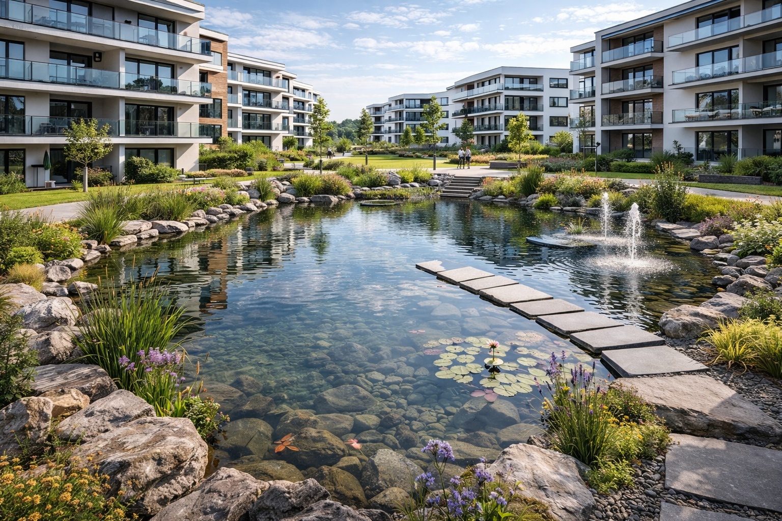 Řešíme komplexní vodohospodářská řešení pro nové obytné a&nbsp;polyfunkční soubory, sportovní centra a&nbsp;další areály. Navrhujeme retenční nádrže, dešťovou kanalizaci, biotopy a&nbsp;závlahu zeleně tak, aby projekty byly projednatelné, realizovatelné a&nbsp;provozně udržitelné.